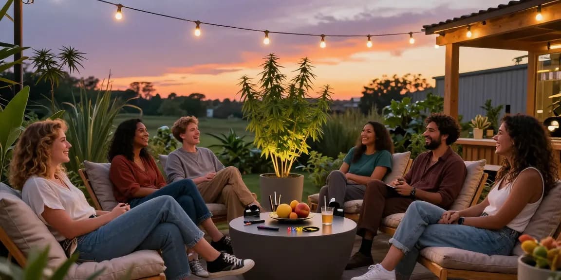 Friends enjoying weed pens in a cozy outdoor lounge during sunset, surrounded by greenery and warm ambiance.