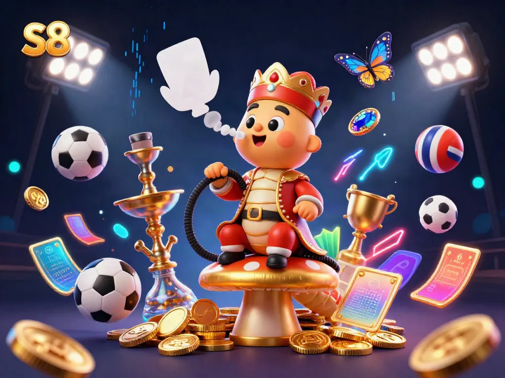 Join the action with s8 as a vibrant caterpillar master engages in betting fun surrounded by dynamic sports elements.