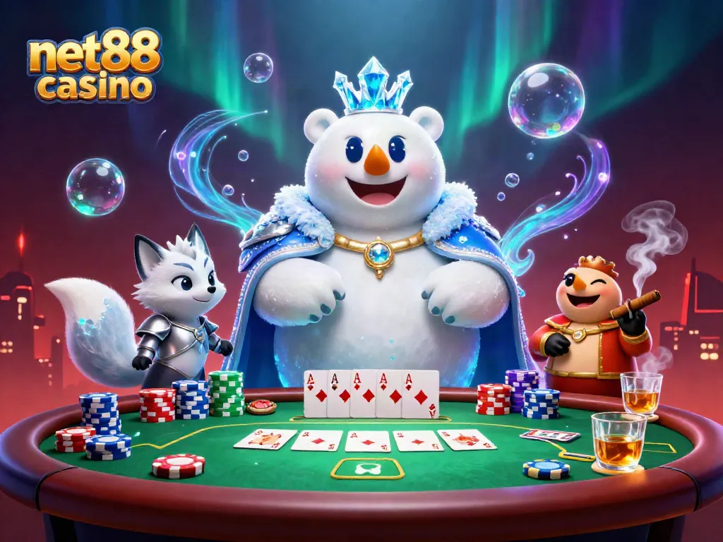 Engage with the thrilling net88 casino experience featuring the ice king and fox amidst dynamic poker action.