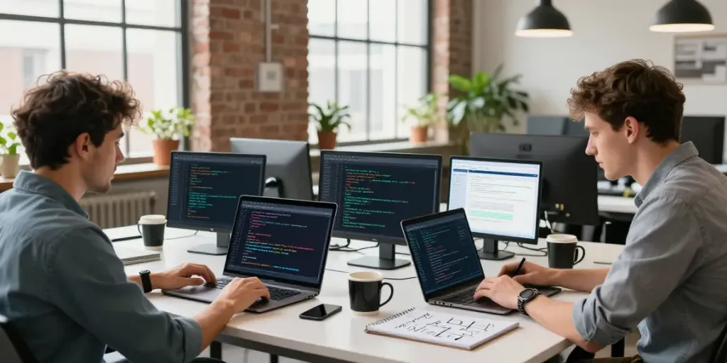SaaS sponsored content scene with a UK software development team collaborating in a modern office.