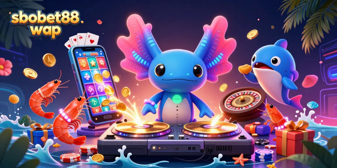 Engage with sbobet88 wap by placing vibrant bets in this lively casino scene featuring neon characters and games.