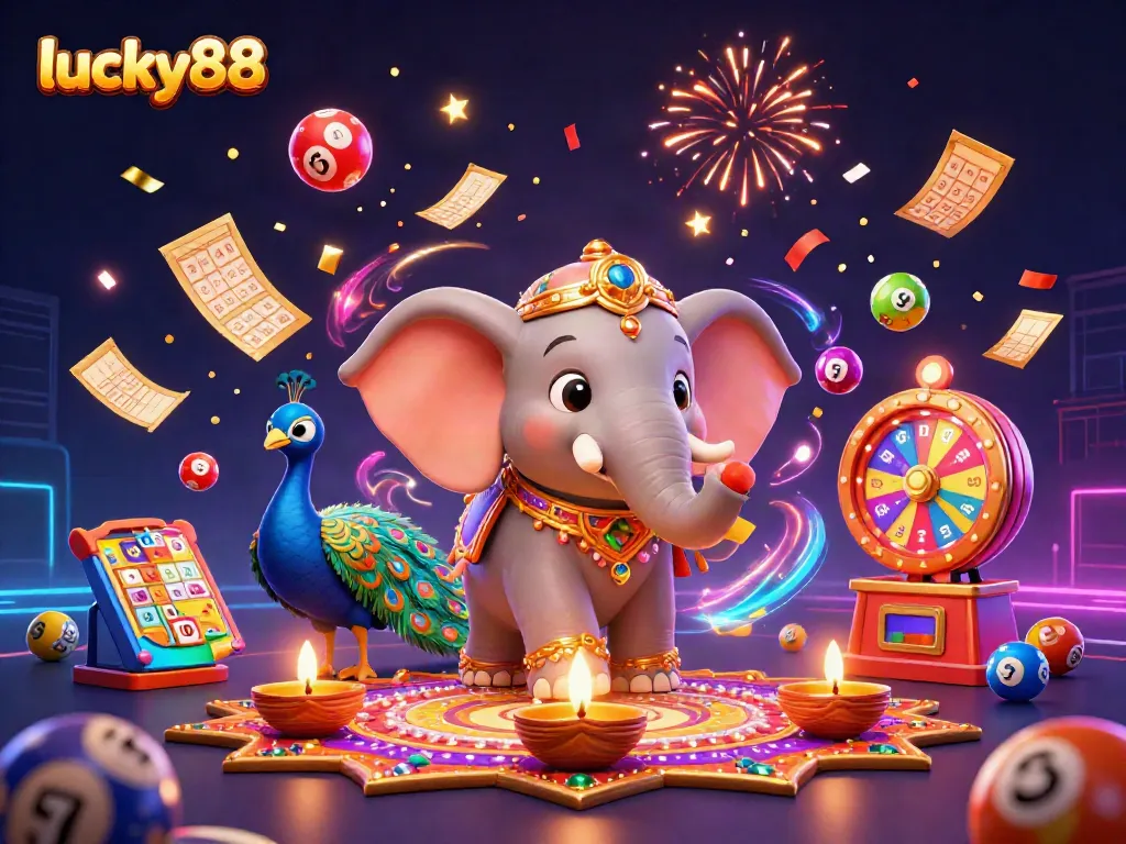 Play vibrant lucky88 games amidst colorful lottery elements and festive decorations.