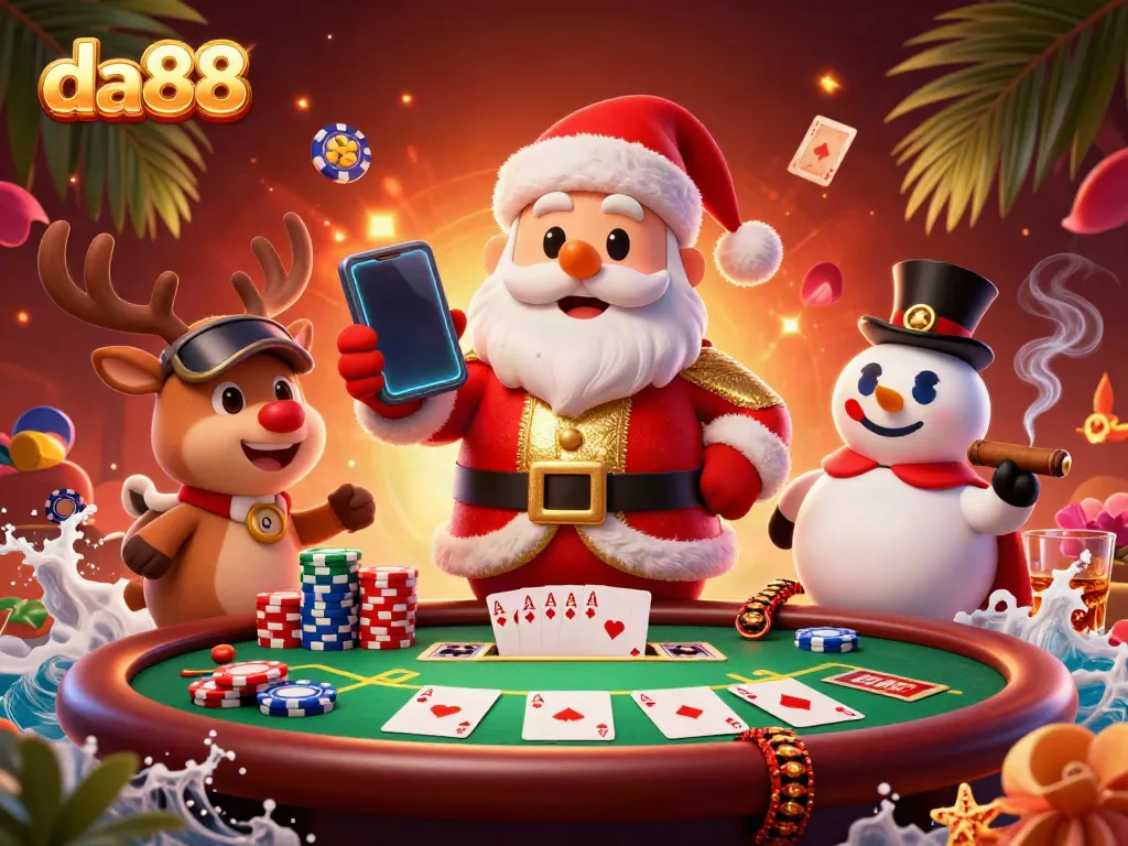 Experience thrilling slots at da88 with Santa and friends amid vibrant casino elements.