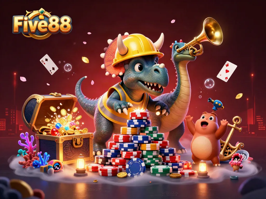 Experience thrilling adventures at Five 88, where cartoon characters celebrate wins with vibrant gaming elements in a stunning 3D illustration.