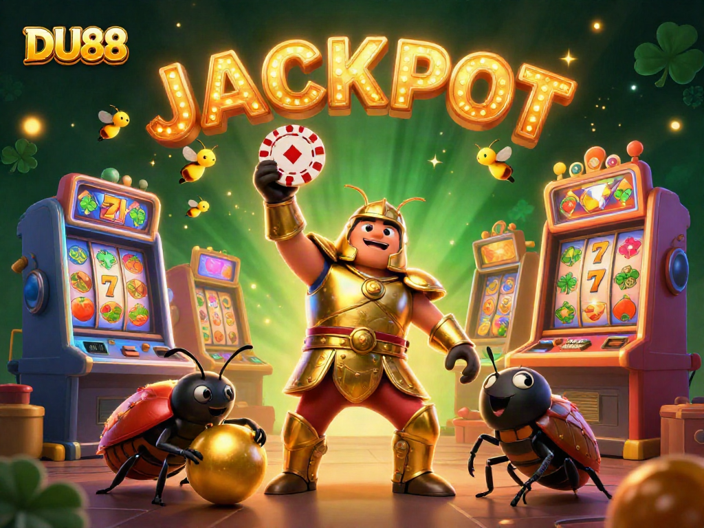 Experience the excitement of DU88 with a victorious hercules beetle lifting poker chips amidst colorful slot machines.