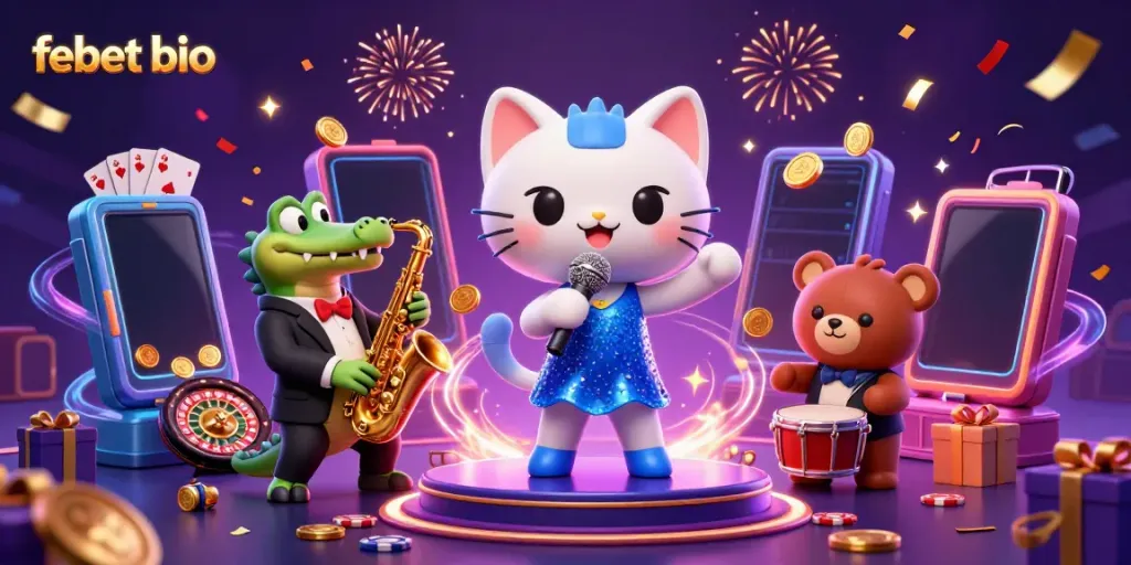 Experience the thrilling entertainment at Febet bio with a vibrant casino concert scene showcasing lively character performances and gaming elements.