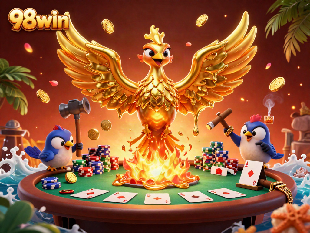 Win big with 98win while playing poker at a vibrant casino setting filled with gold coins and vibrant chips.