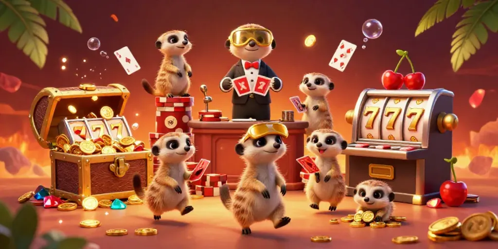 Experience the thrill of winning at 23WIN with meerkats running a vivid casino scene.