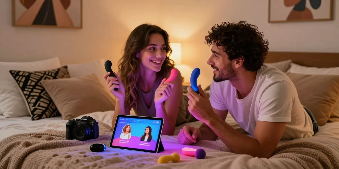 A couple joyfully using AI sex technology in a stylish bedroom