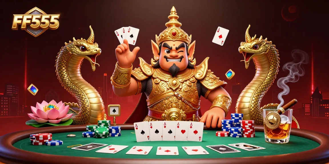 Experience the FF555 thrill with this vibrant 3D illustration of a poker showdown, showcasing winners and glamour.