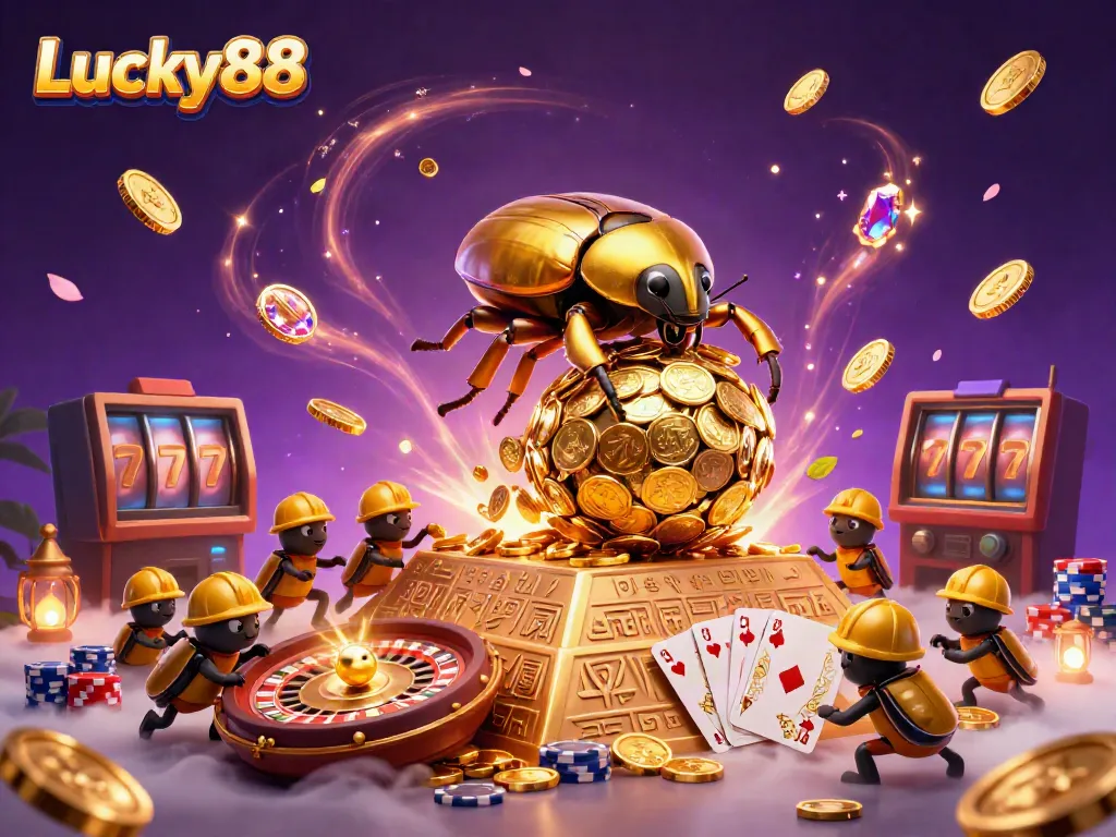 Experience the excitement of Lucky88 with vibrant 3D characters celebrating golden wins and casino symbols.
