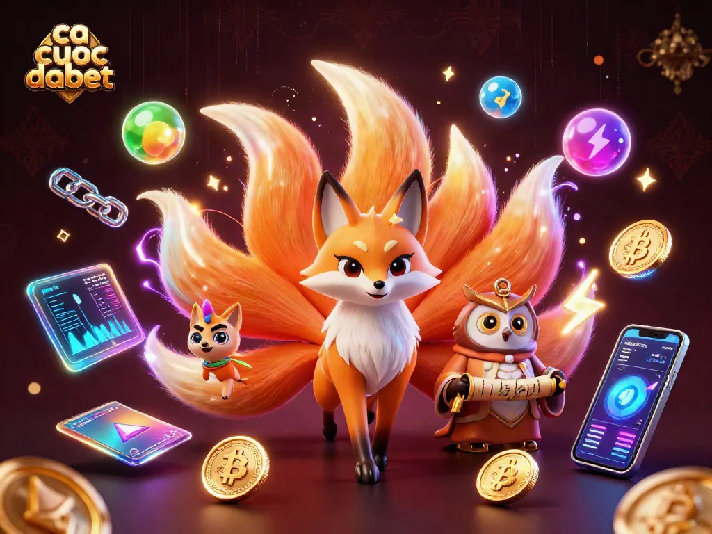 Engage with ca cuoc dabet through an enchanting 3D scene featuring vibrant gaming spirits and crypto elements.
