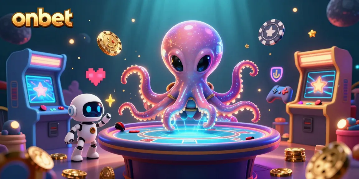 Engage in exciting games at Onbet with a whimsical alien octopus and casino-themed elements.