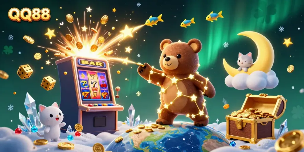 Experience the excitement of QQ88 with a vibrant jackpot scene featuring golden coins and colorful casino symbols.
