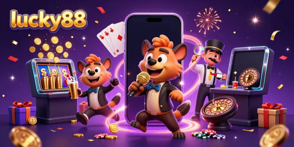 Lucky88 hyenas entertain in a colorful casino club, showcasing vibrant gaming elements.