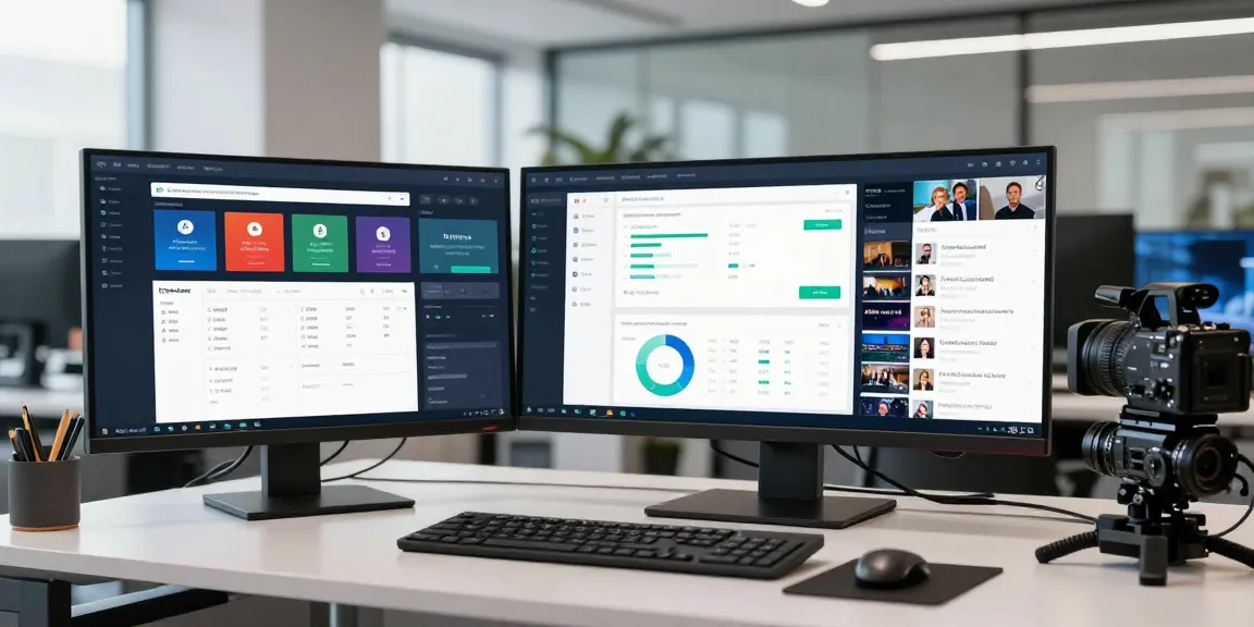 IPTV reseller dashboard interface in a modern tech workspace featuring reliable software solutions and real-time analytics tools.