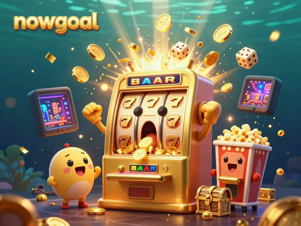 Showcase the energetic celebration of nowgoal with a golden slot machine hitting its jackpot in a vibrant casino scene.