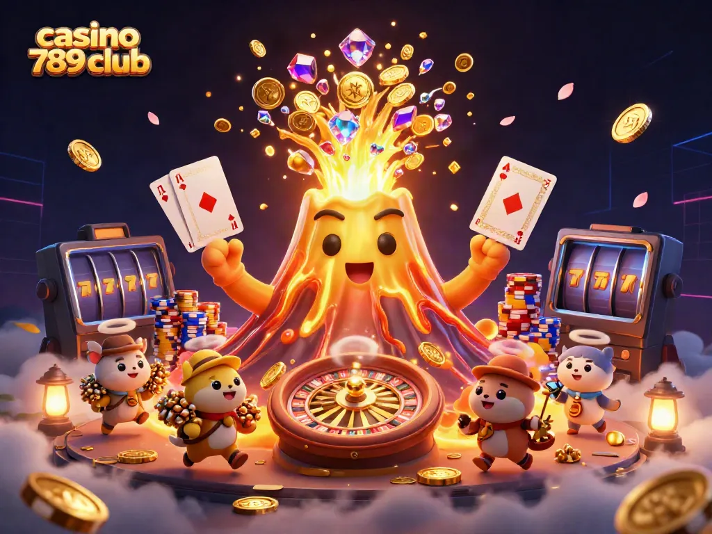 Experience the excitement of casino 789 club with a vibrant, 3D treasure eruption scene full of dynamic gaming elements.
