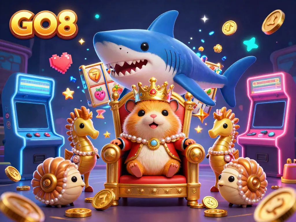 Spin and win at GO8 with a fierce golden hamster king ruling over vibrant casino elements.