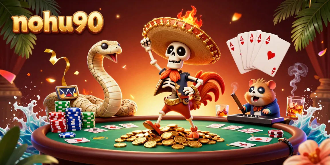 Nohu90 showcases a vibrant victory scene with a mariachi rooster dancing among overflowing casino elements.
