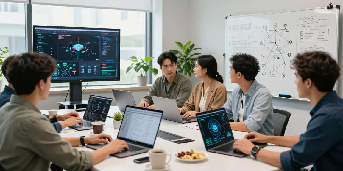 Team collaborating on edge computing solutions with analytics dashboards in a modern tech workspace.