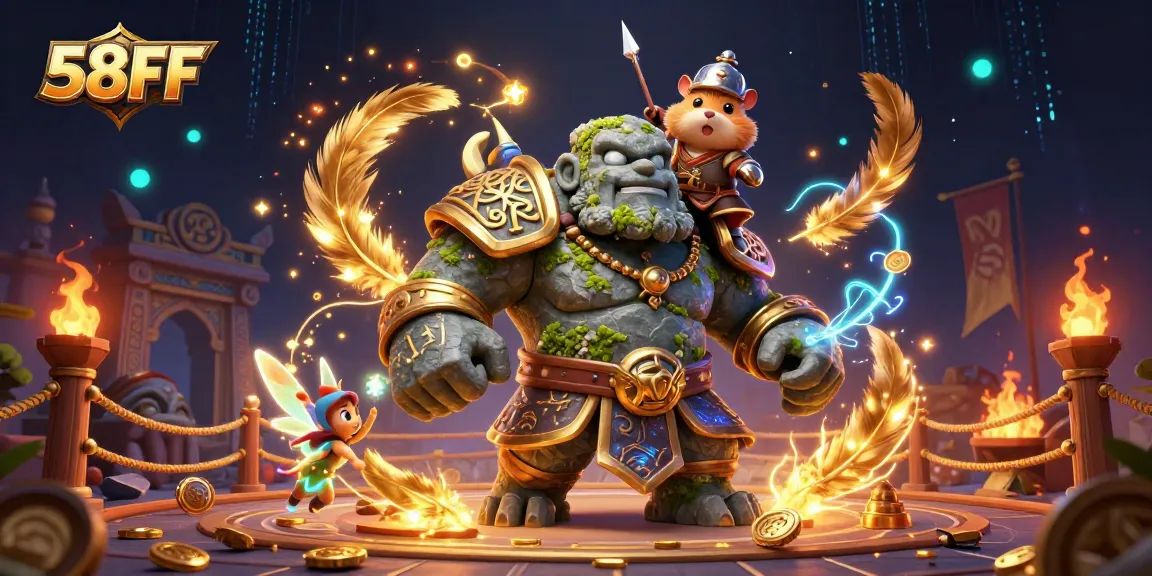 Experience thrilling action at 58FF with a golem and fairy amidst dazzling casino elements.