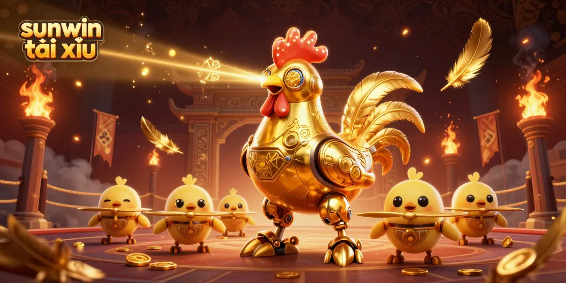 Engage in sunwin tài xỉu's dynamic gameplay with a golden rooster robot and baby chick drones.