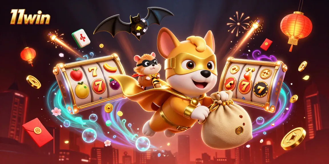 Experience thrilling wins at 11win with animated casino fun featuring a flying superhero dog and dynamic slots.