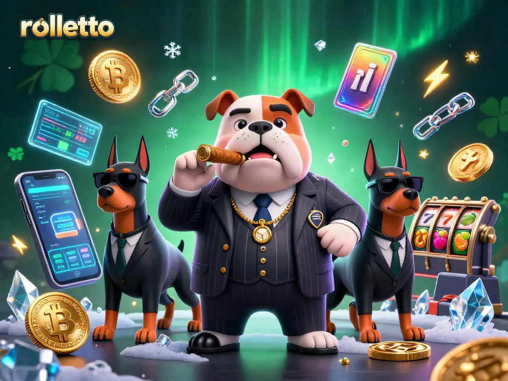 Play and win with rolletto in a lively casino scene featuring a mafia bulldog and dynamic slot machines.