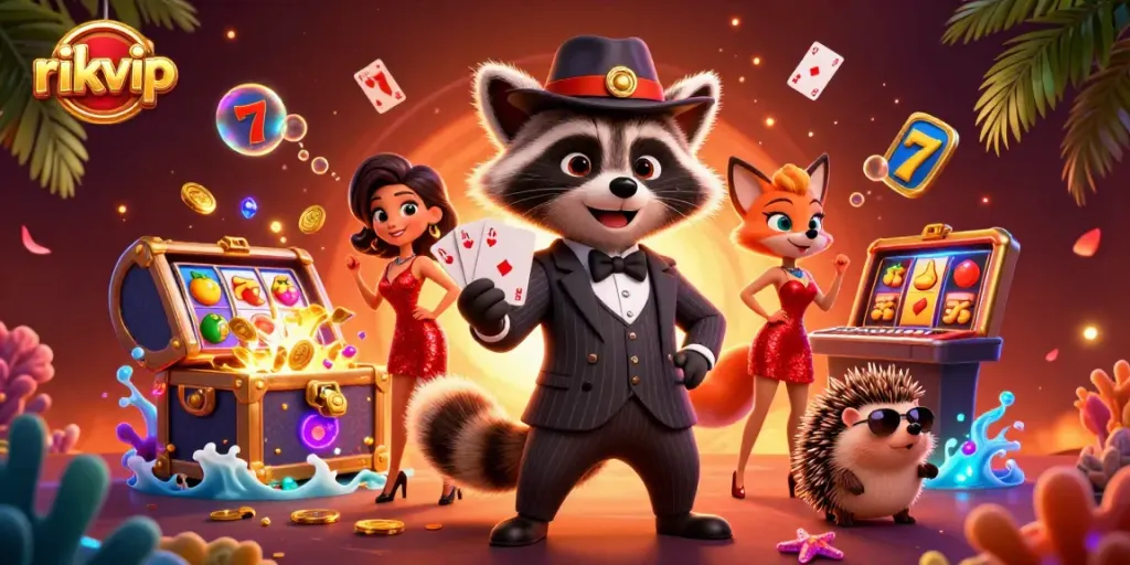 Win big with rikvip's exciting casino illustration featuring characters, slot reels, and vibrant treasures.