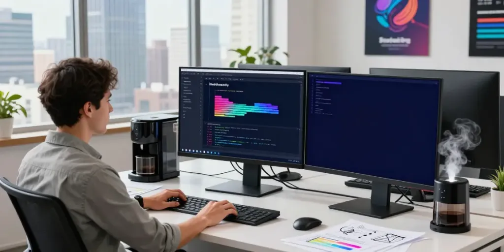 Developer utilizing instant indexing tools at a modern tech workspace with multiple screens.