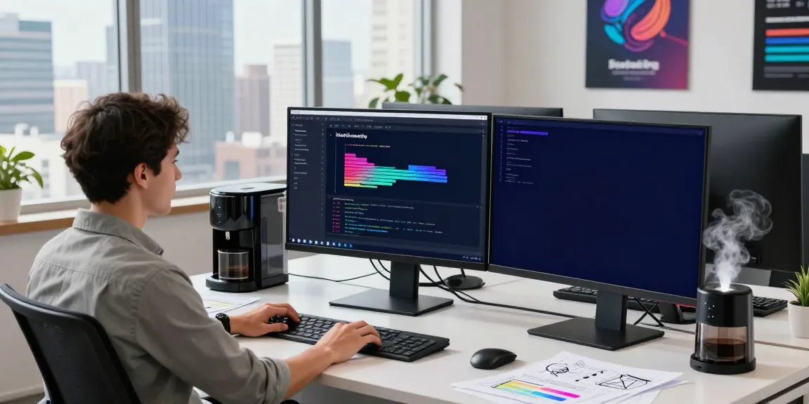 Developer utilizing instant indexing tools at a modern tech workspace with multiple screens.