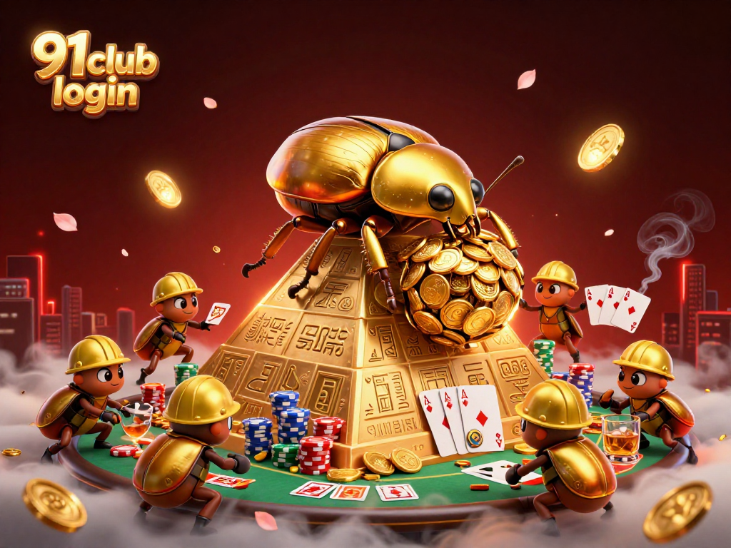 Experience the excitement of gambling with 91 club login, featuring golden beetles and casino elements.