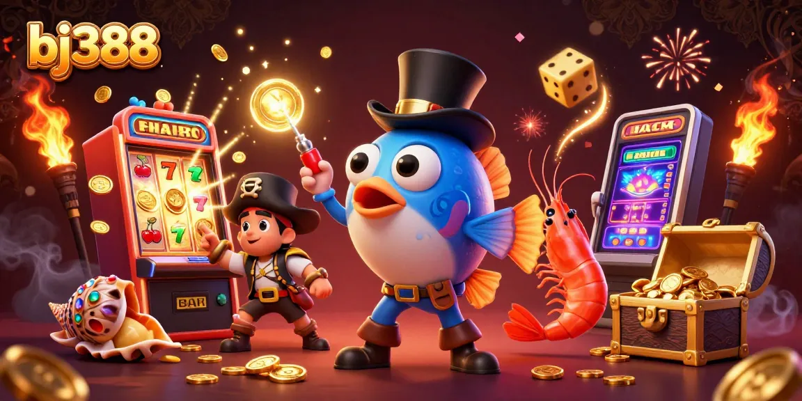 BJ388 players enjoying a vibrant casino experience, featuring a spirited deep-sea anglerfish and treasure-filled characters.