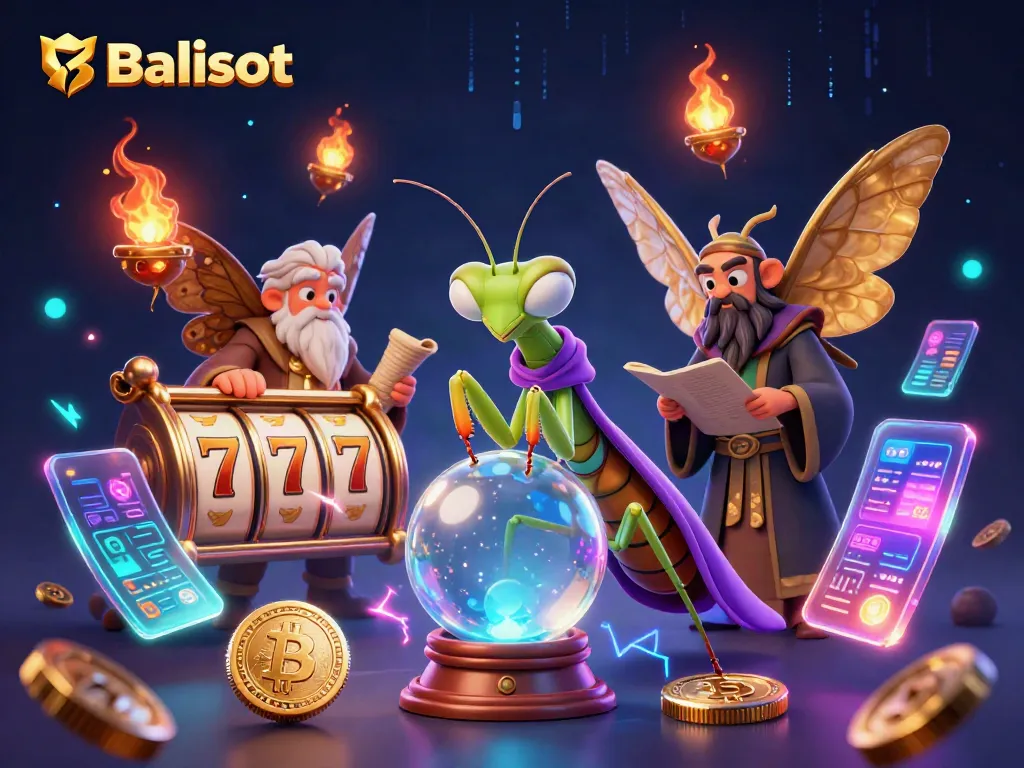 Balislot offers dynamic gaming with a fortune teller, moth librarian, and slot reels amidst glowing crypto coins.