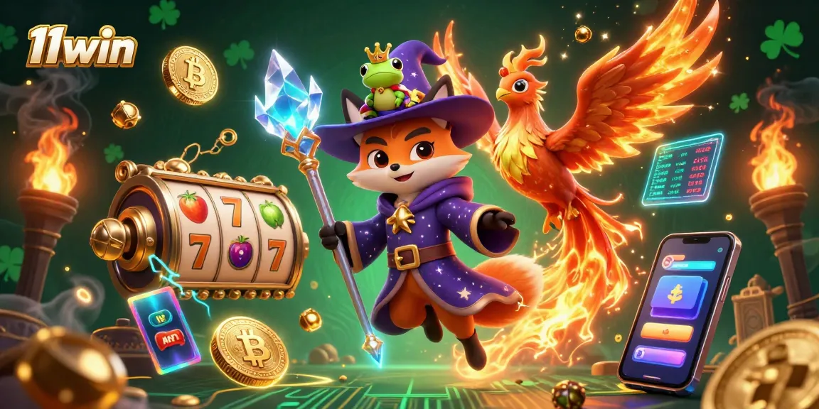 Engage with the immersive world of 11win's slot games featuring a mystical wizard fox and vibrant digital elements.