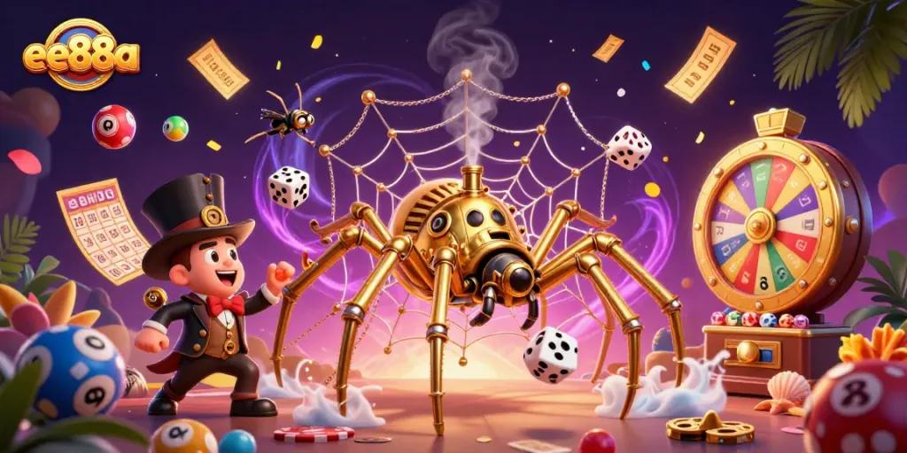 Engage with ee88a's thrilling casino scene featuring vibrant lottery elements and a whimsical spider.