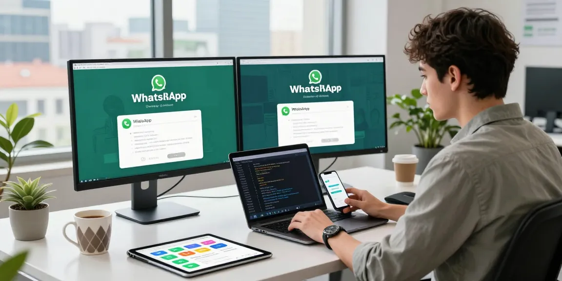 WhatsApp下載 interface displayed on dual screens in a modern office workspace.