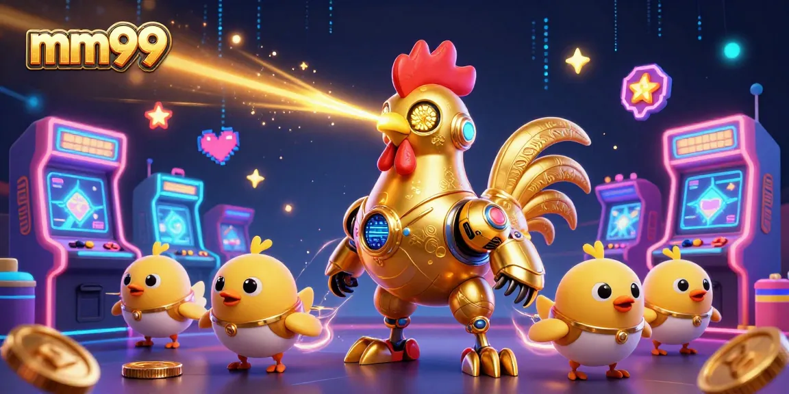 Experience mm99 with a futuristic golden rooster robot amidst arcade and casino elements.