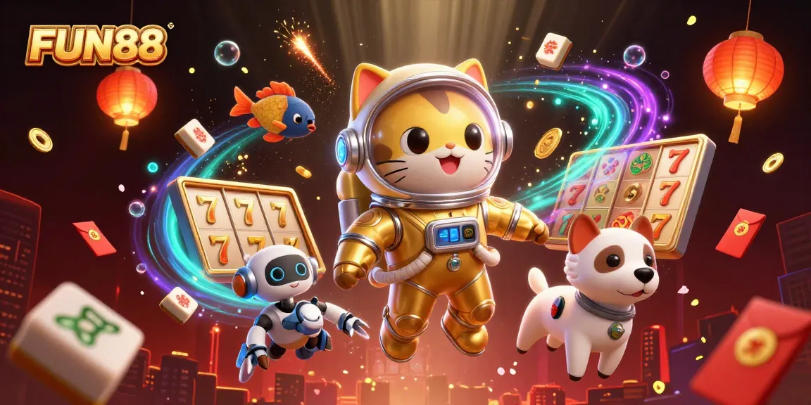 Experience FUN88's engaging atmosphere with a vibrant 3D casino scene filled with dynamic elements.