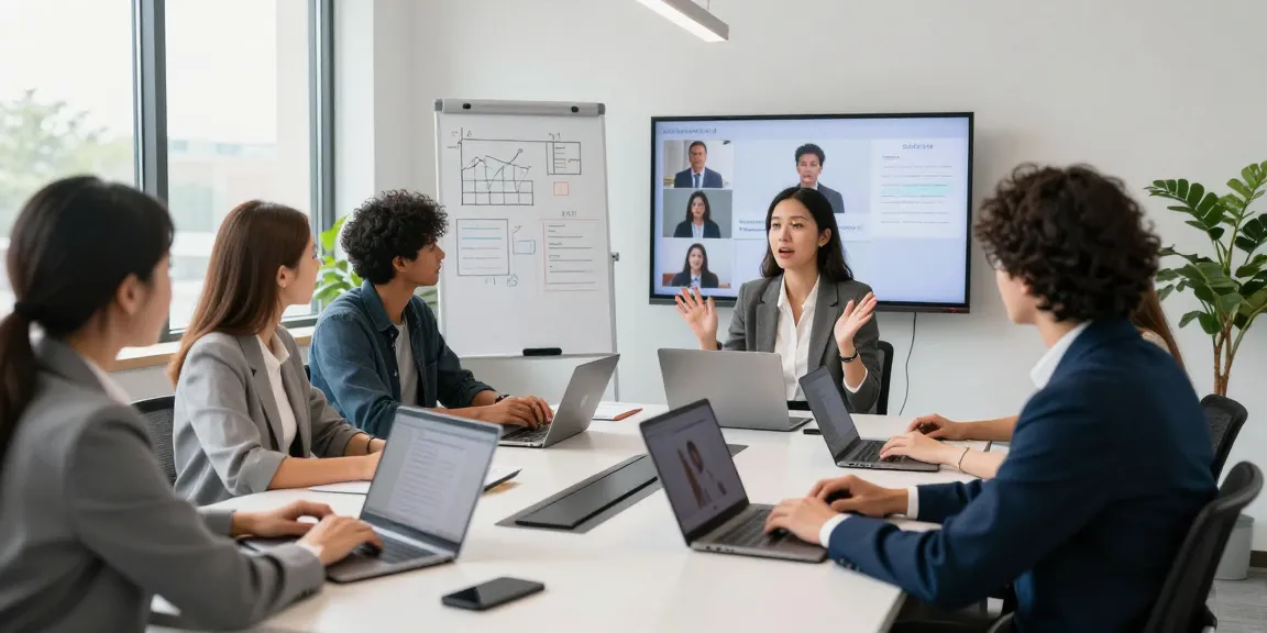 Engaged team discussing phone systems for small business in a modern office setting during a video conference.