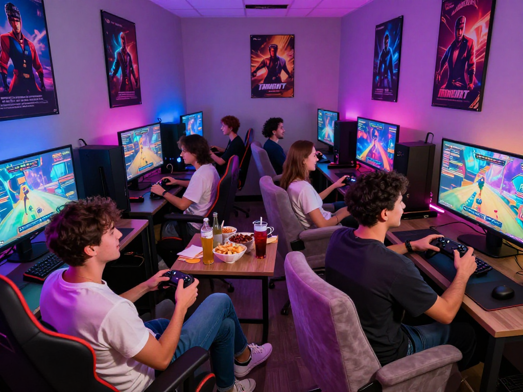 Group enjoying immersive porn game experience in a vibrant gaming lounge.