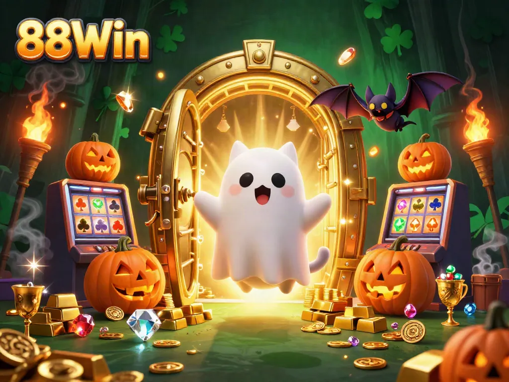 Experience thrilling gaming with 88Win as a ghostly cat explores vibrant casino treasures.