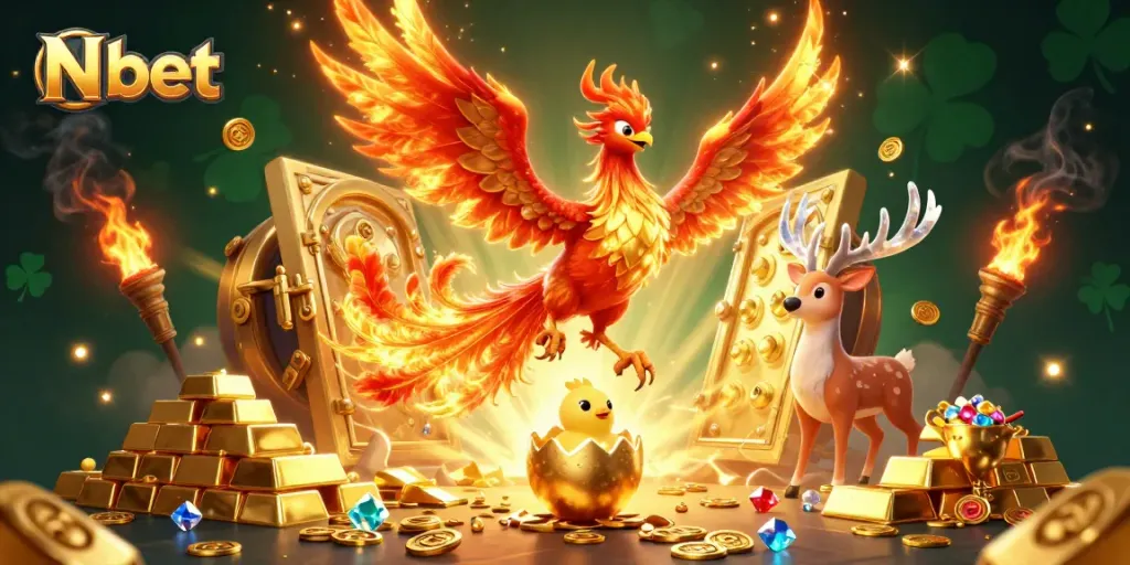Engage with winning strategies at N bet as fiery phoenixes soar over treasures in this dynamic 3D illustration.