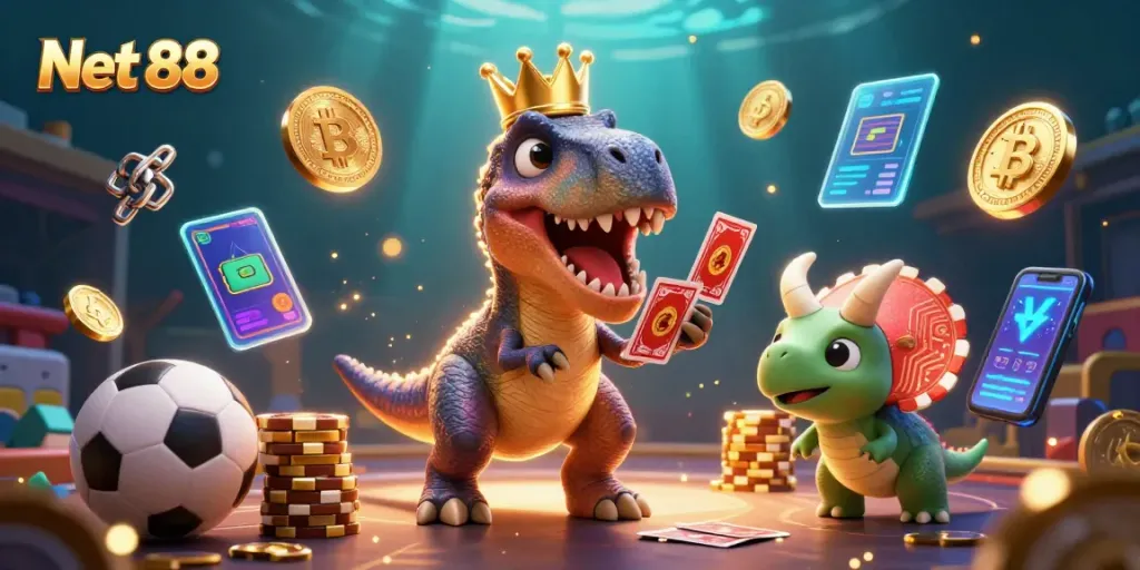 Engage in thrilling sports betting at Net 88 with friendly characters and cryptocurrency elements.