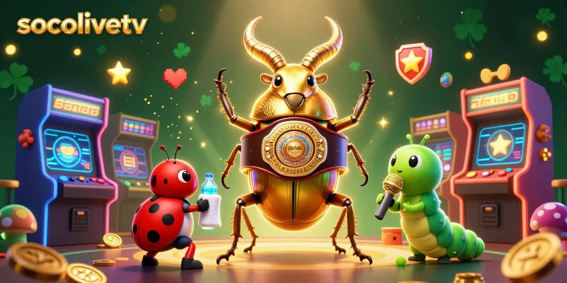 Socolivetv showcases a giant stag beetle in a boxing belt amidst arcade game elements, inviting gamers to join the action.