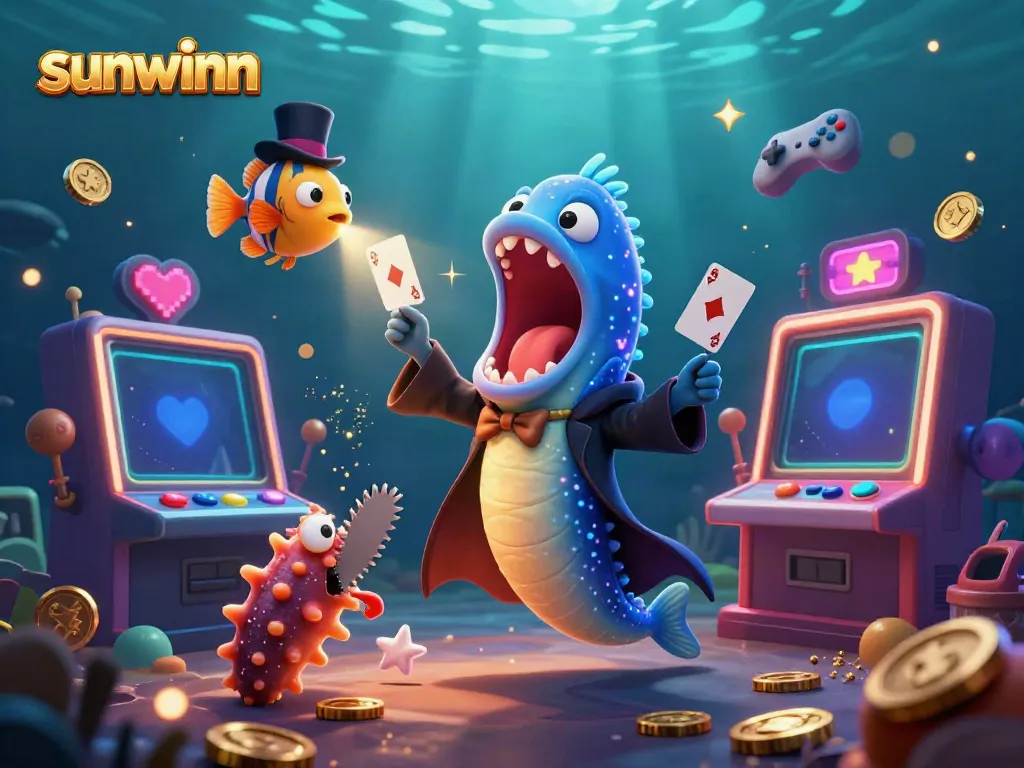 Experience sunwinn's thrilling underwater casino with magical sea creatures in a vibrant 3D illustration.