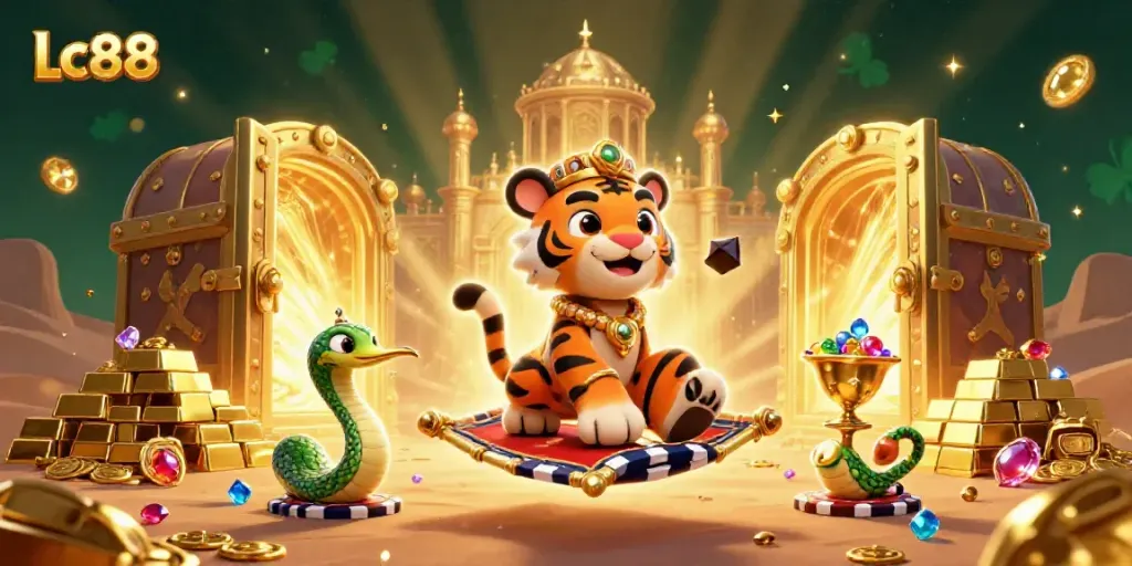 Experience the thrilling Lc88 casino atmosphere with a cartoon Arabian sultan and treasures galore.