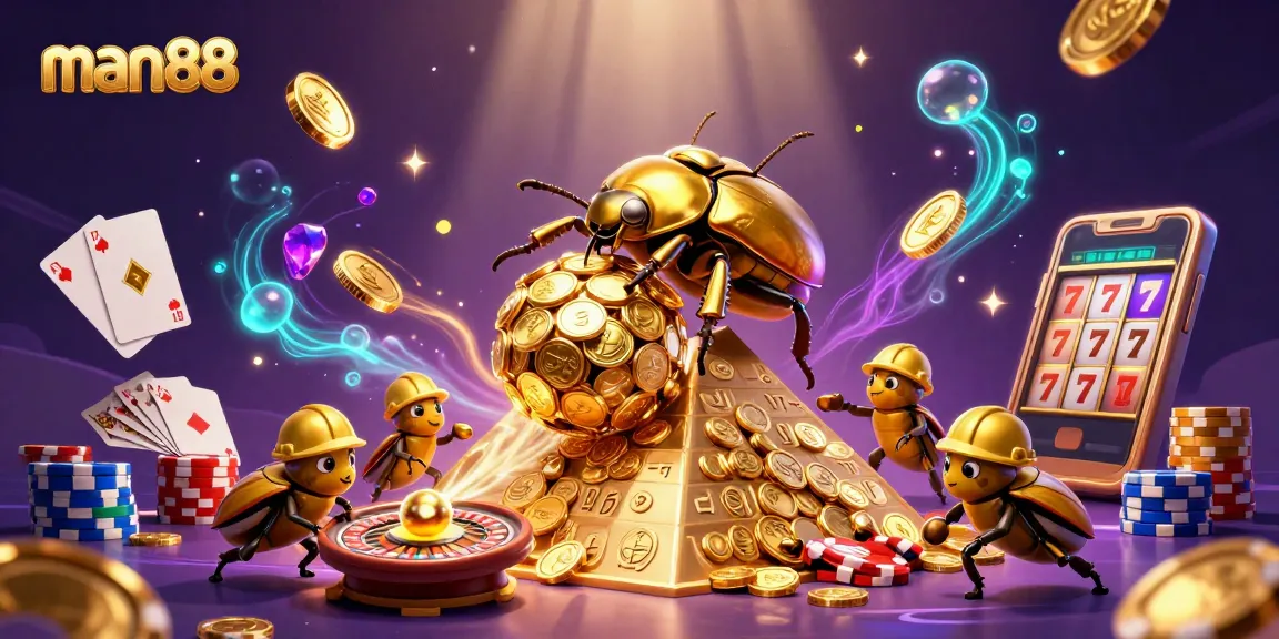 man88 animated logo with golden dung beetles and casino elements, showcasing vibrant gambling excitement