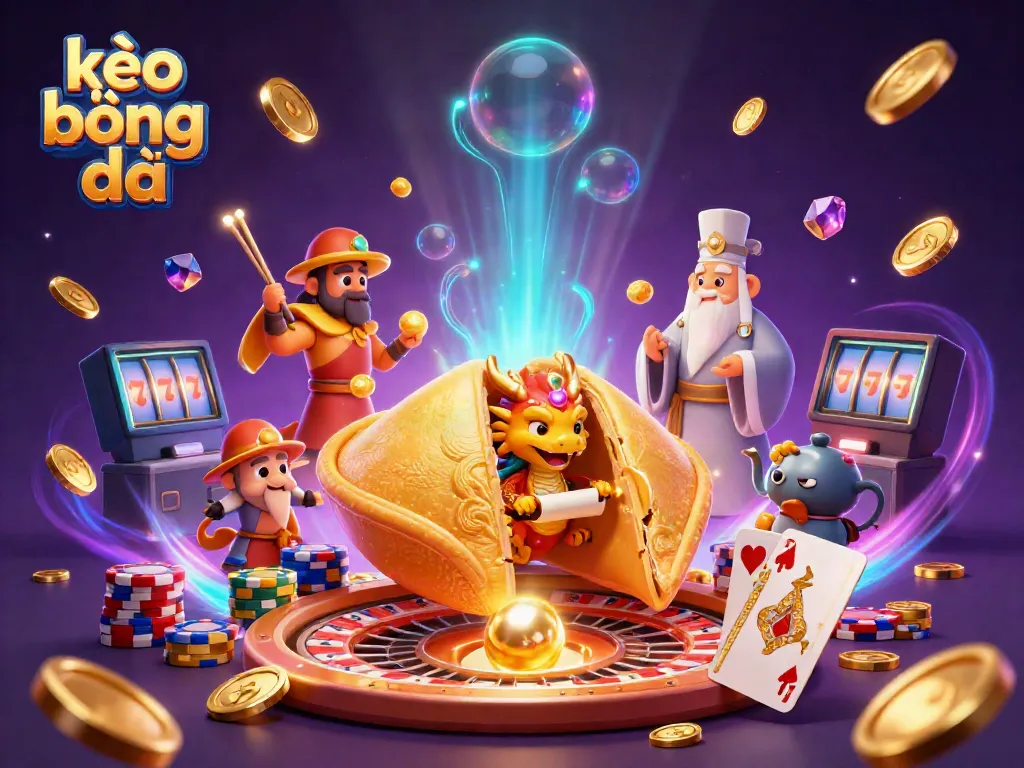 Experience kèo bóng đá action with a tiny dragon revealing fortune cookies amidst cascading coins and vibrant casino elements.